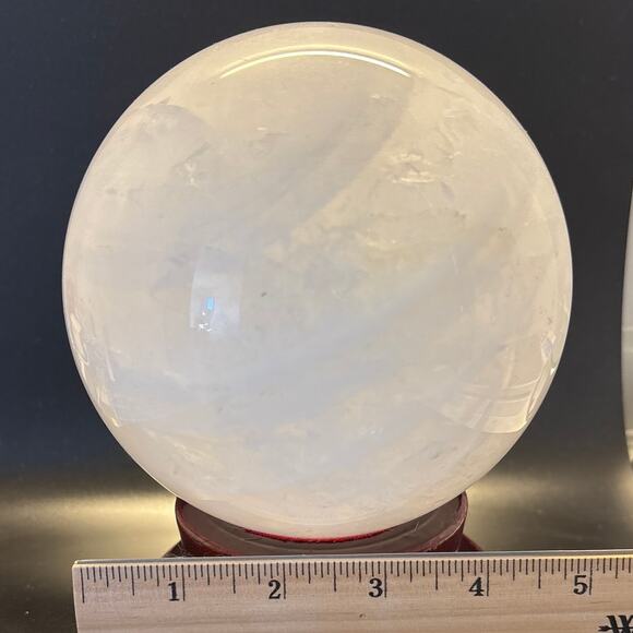 Large Milky Clear Quartz Sphere | Crystal Ball with Wispy Striped Inclusions - Picture 7 of 9